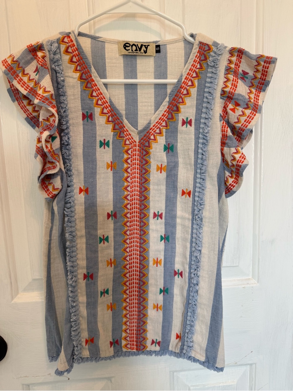 envy Blue & White Striped Top with Embroidered Accents